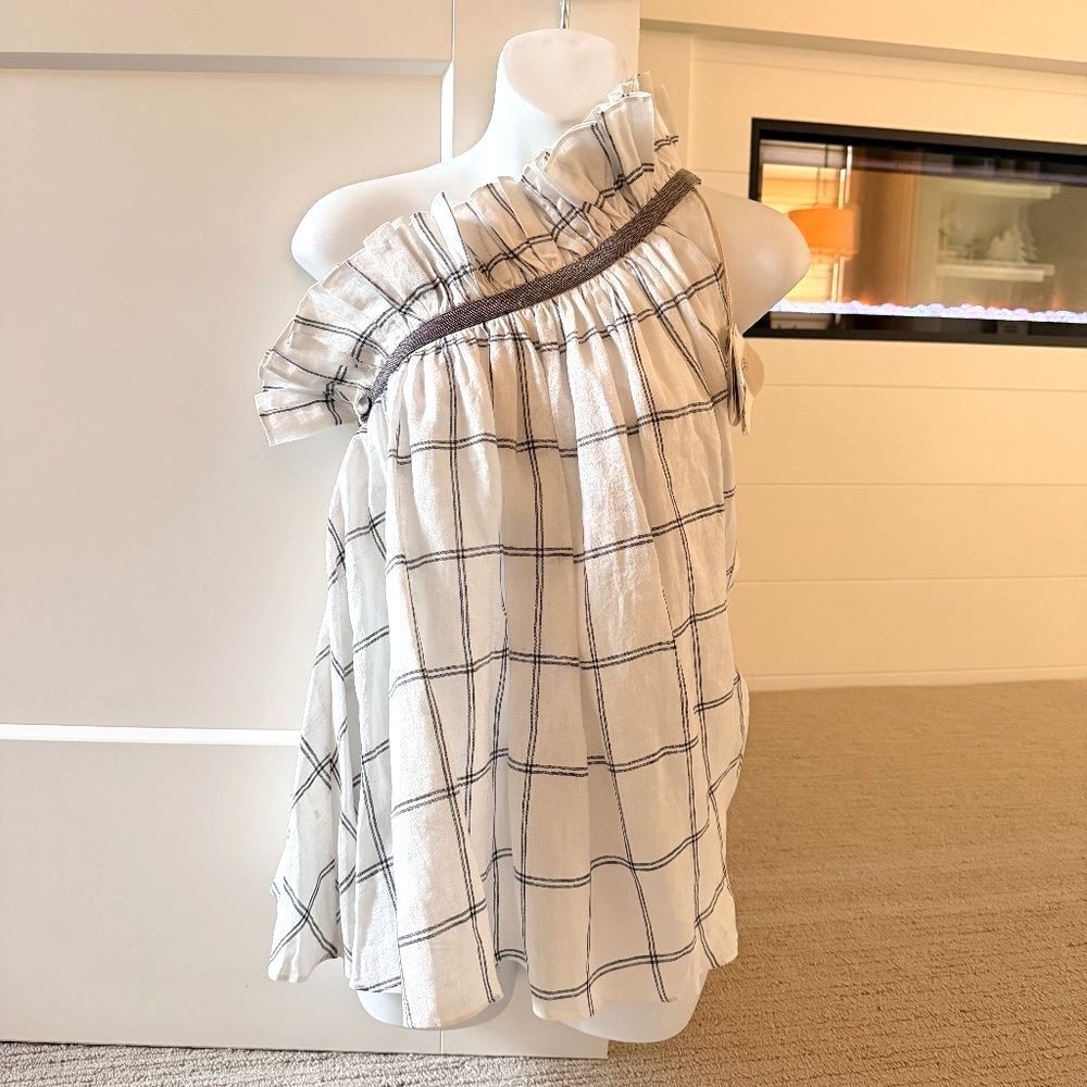 BRUNELLO CUCINELLI Darling Linen Windowpane Off Shoulder Ruffle Top XS/S $2,873